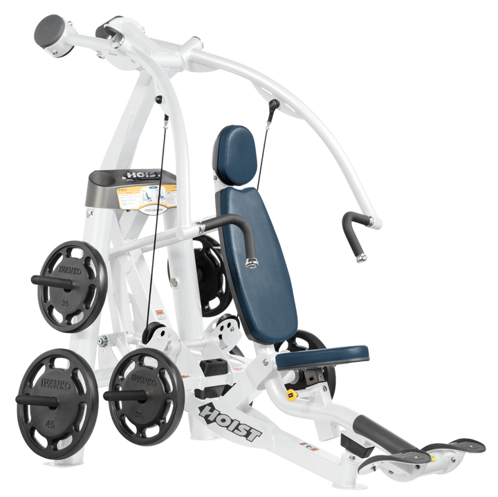 Hoist plate loaded chest press machine with converging arms, adjustable seat, and ergonomic handles for chest workouts