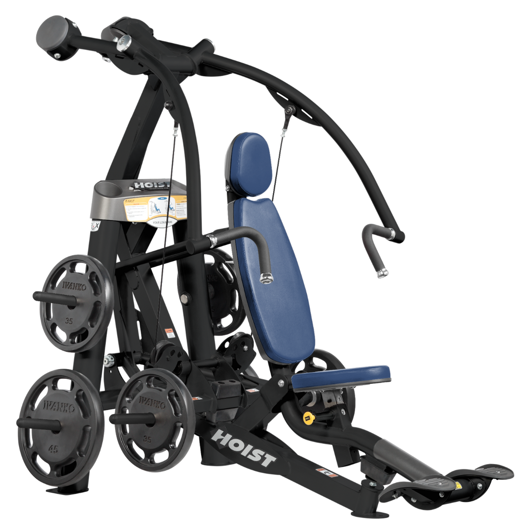 Hoist plate loaded chest press machine with converging arms, adjustable seat, and ergonomic handles for chest workouts