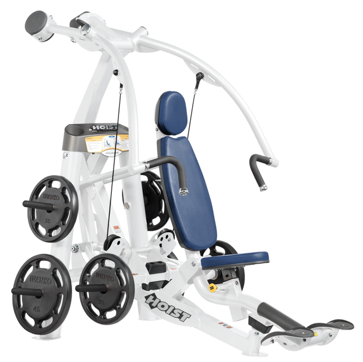Hoist plate loaded chest press machine with converging arms, adjustable seat, and ergonomic handles for chest workouts