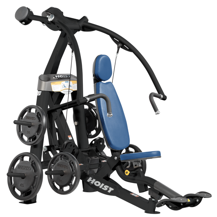 Hoist plate loaded chest press machine with converging arms, adjustable seat, and ergonomic handles for chest workouts