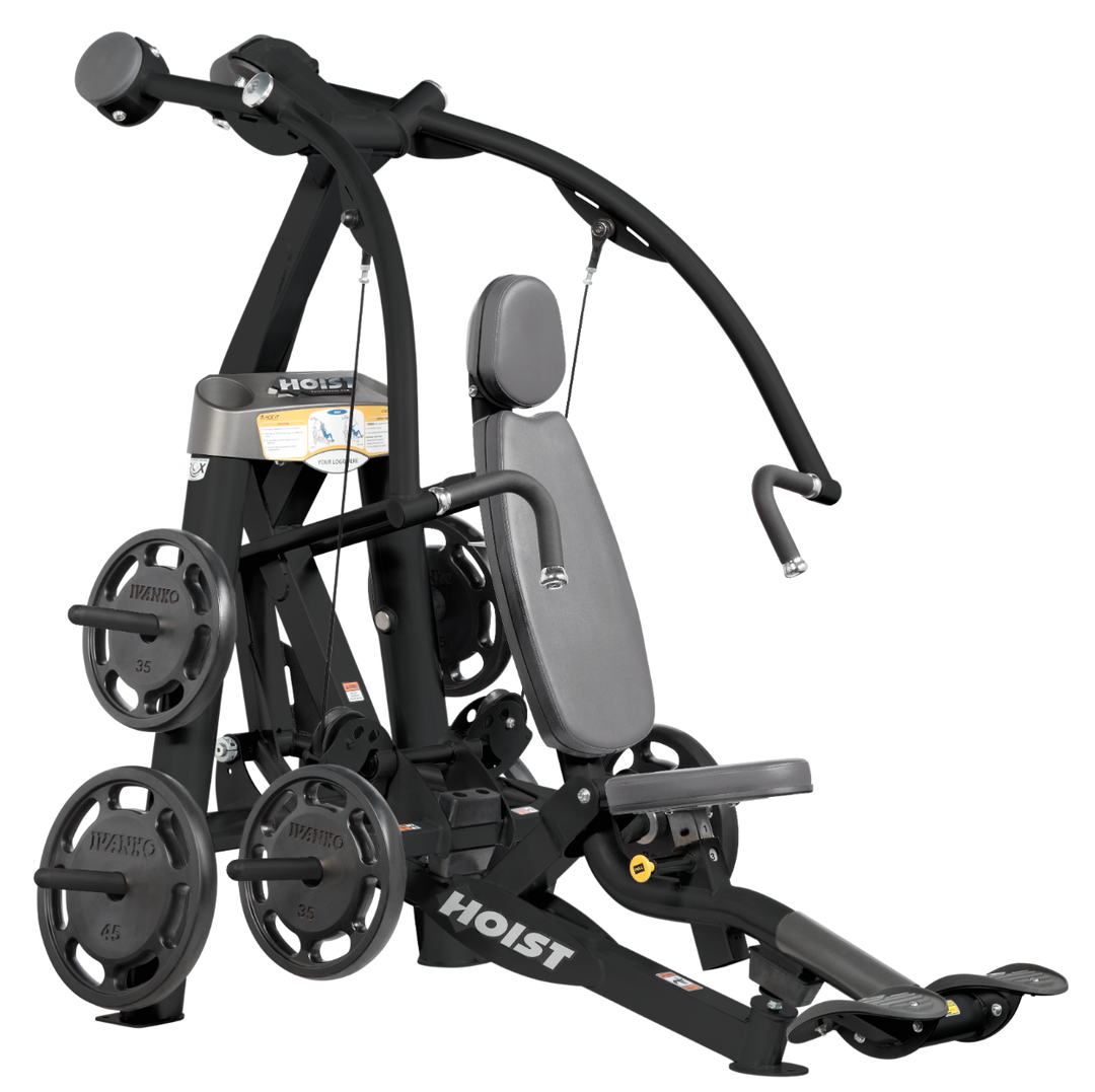 Hoist plate loaded chest press machine with converging arms, adjustable seat, and ergonomic handles for chest workouts