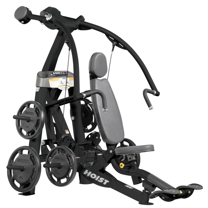Hoist plate loaded chest press machine with converging arms, adjustable seat, and ergonomic handles for chest workouts