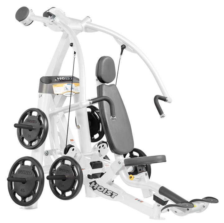 Hoist plate loaded chest press machine with converging arms, adjustable seat, and ergonomic handles for chest workouts