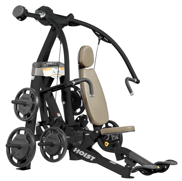 Hoist plate loaded chest press machine with converging arms, adjustable seat, and ergonomic handles for chest workouts