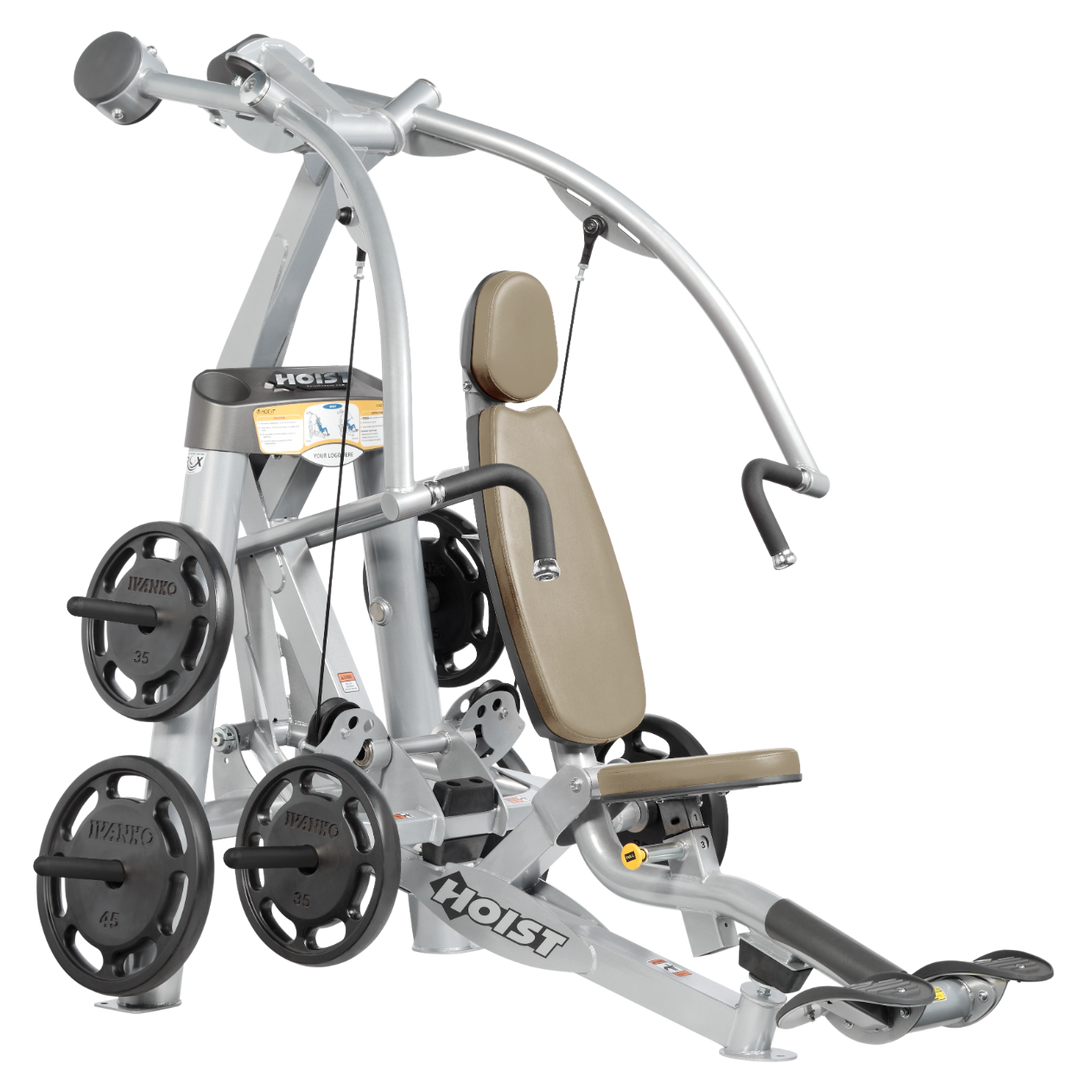Hoist plate loaded chest press machine with converging arms, adjustable seat, and ergonomic handles for chest workouts