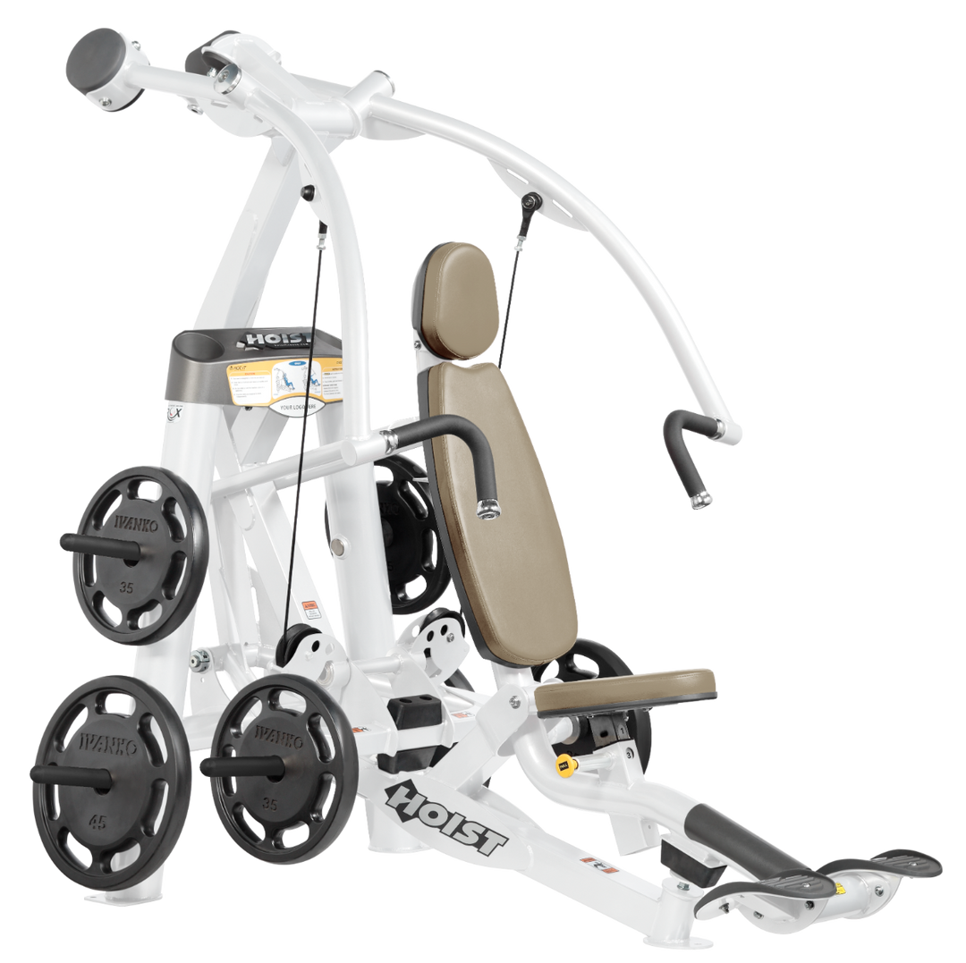 Hoist plate loaded chest press machine with converging arms, adjustable seat, and ergonomic handles for chest workouts