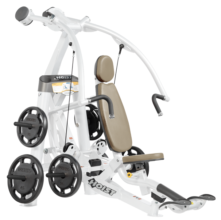 Hoist plate loaded chest press machine with converging arms, adjustable seat, and ergonomic handles for chest workouts