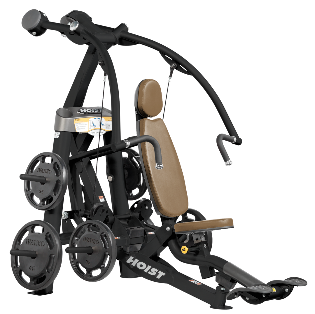 Hoist plate loaded chest press machine with converging arms, adjustable seat, and ergonomic handles for chest workouts