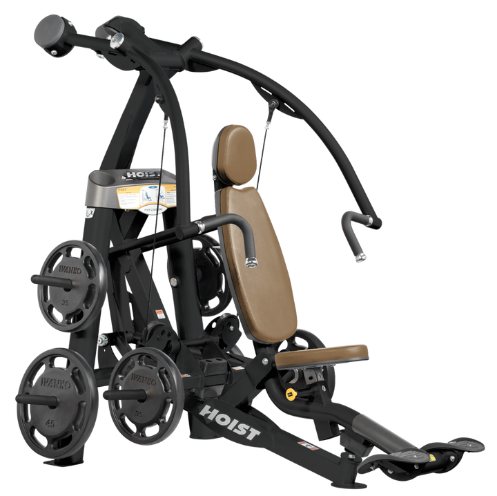 Hoist plate loaded chest press machine with converging arms, adjustable seat, and ergonomic handles for chest workouts