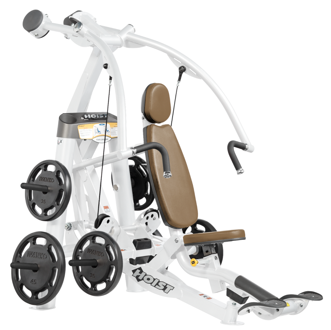 Hoist plate loaded chest press machine with converging arms, adjustable seat, and ergonomic handles for chest workouts