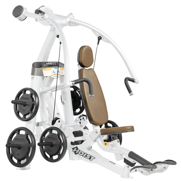Hoist plate loaded chest press machine with converging arms, adjustable seat, and ergonomic handles for chest workouts