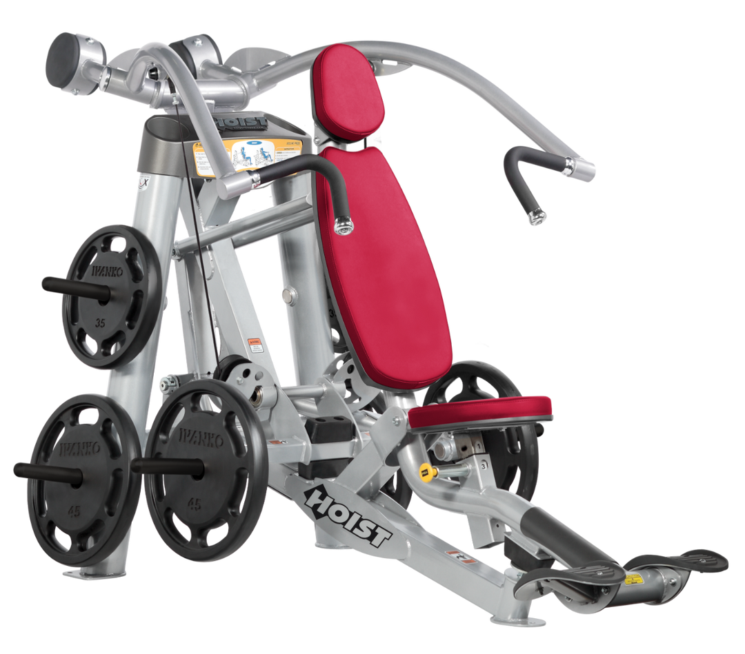 Hoist plate loaded incline chest press machine with angled press arms, adjustable seat, and weight plate storage for upper chest training