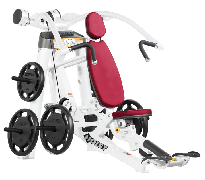 Hoist plate loaded incline chest press machine with angled press arms, adjustable seat, and weight plate storage for upper chest training