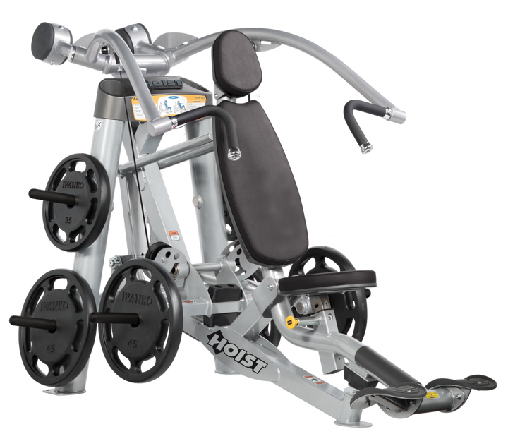 Hoist plate loaded incline chest press machine with angled press arms, adjustable seat, and weight plate storage for upper chest training