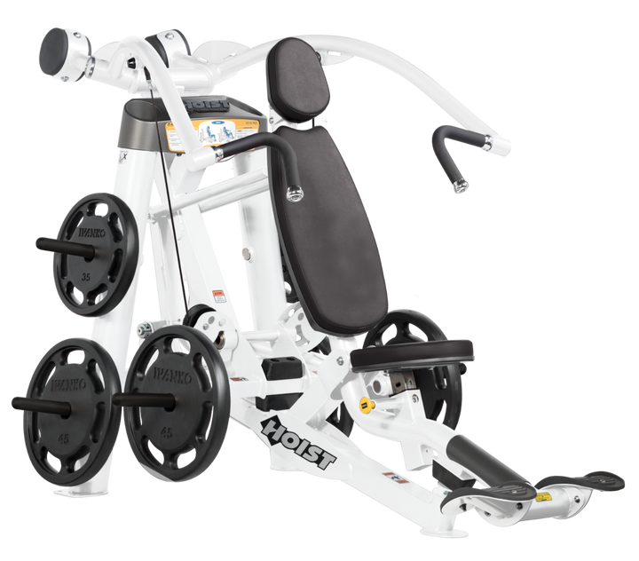Hoist plate loaded incline chest press machine with angled press arms, adjustable seat, and weight plate storage for upper chest training