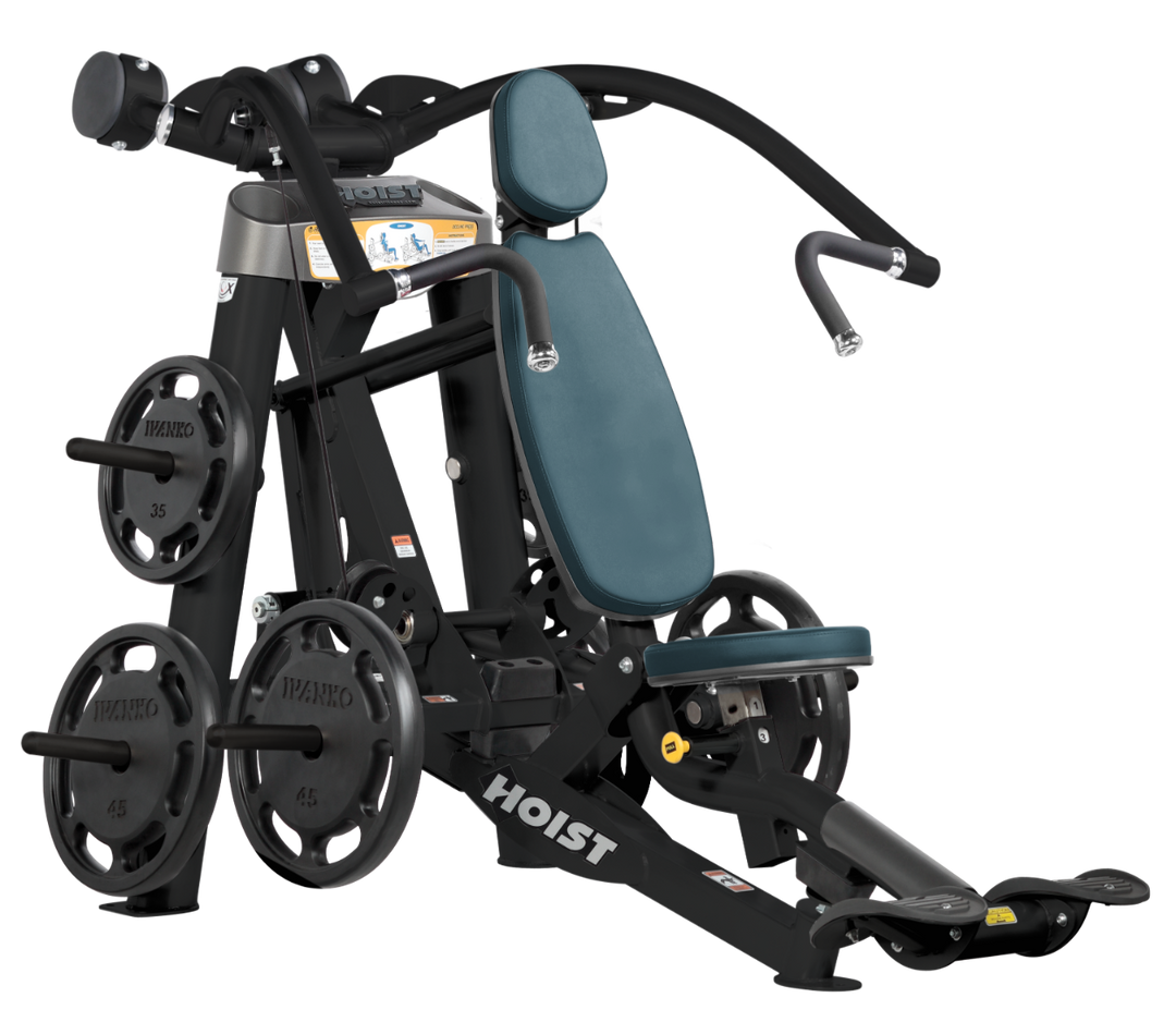 Hoist plate loaded incline chest press machine with angled press arms, adjustable seat, and weight plate storage for upper chest training