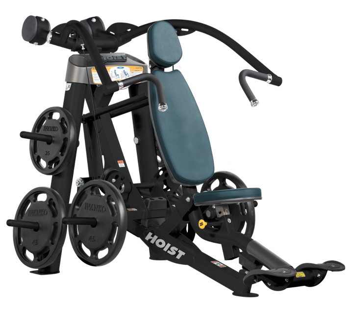 Hoist plate loaded incline chest press machine with angled press arms, adjustable seat, and weight plate storage for upper chest training