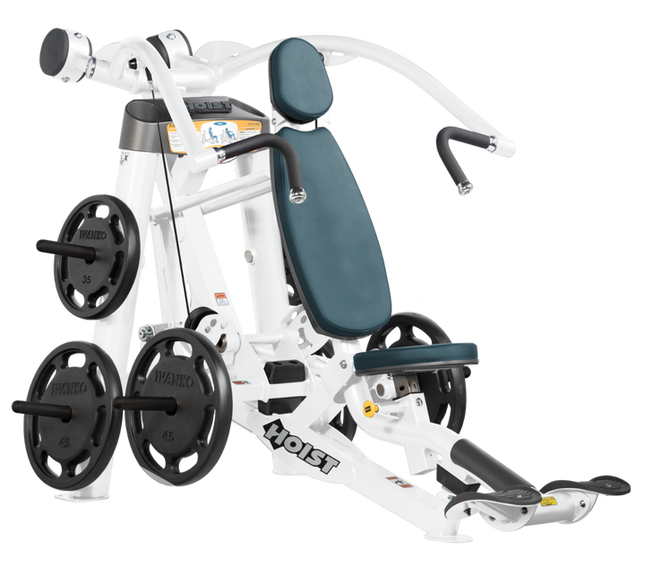 Hoist plate loaded incline chest press machine with angled press arms, adjustable seat, and weight plate storage for upper chest training