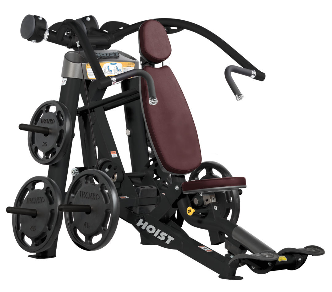 Hoist plate loaded incline chest press machine with angled press arms, adjustable seat, and weight plate storage for upper chest training