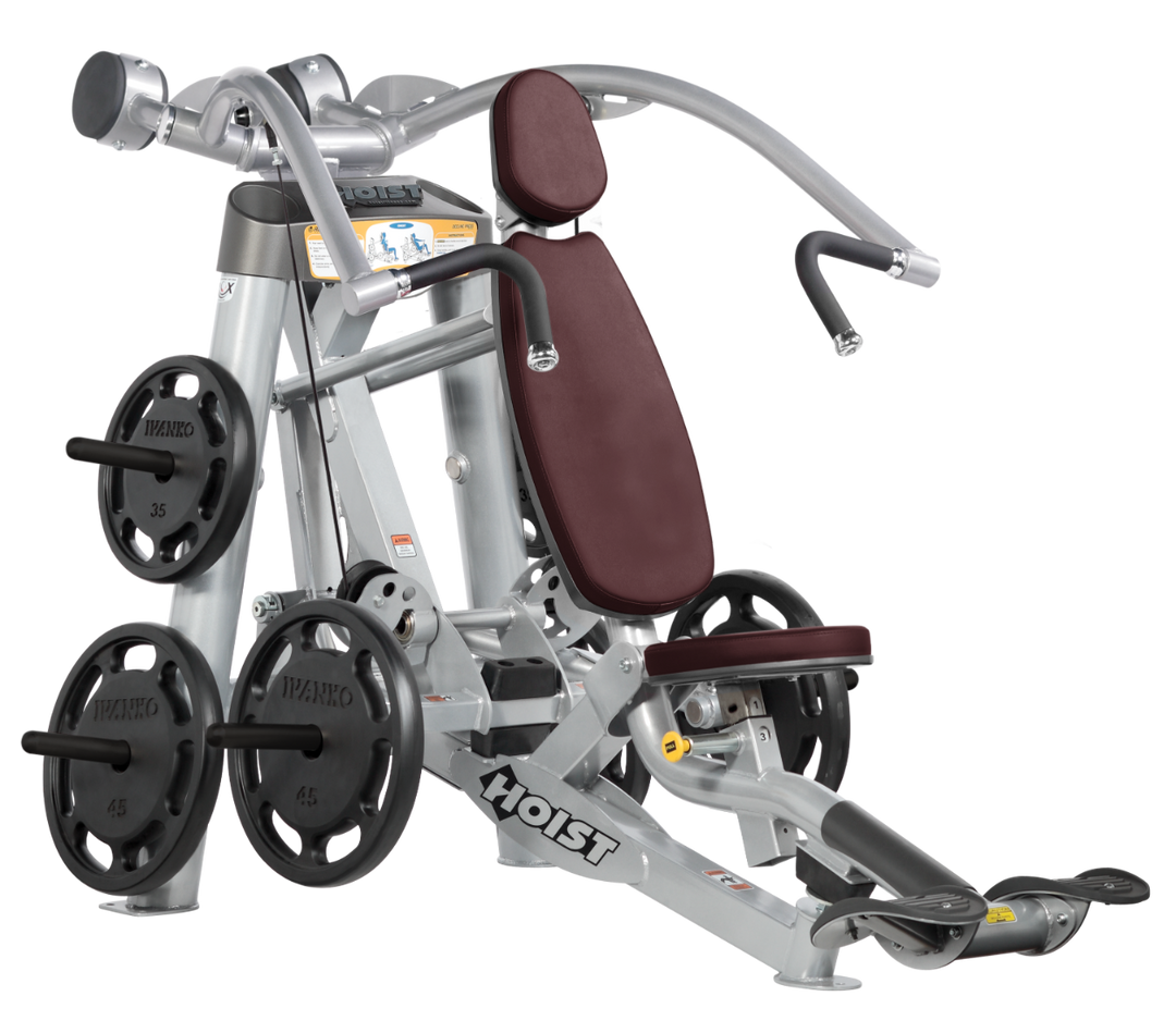 Hoist plate loaded incline chest press machine with angled press arms, adjustable seat, and weight plate storage for upper chest training