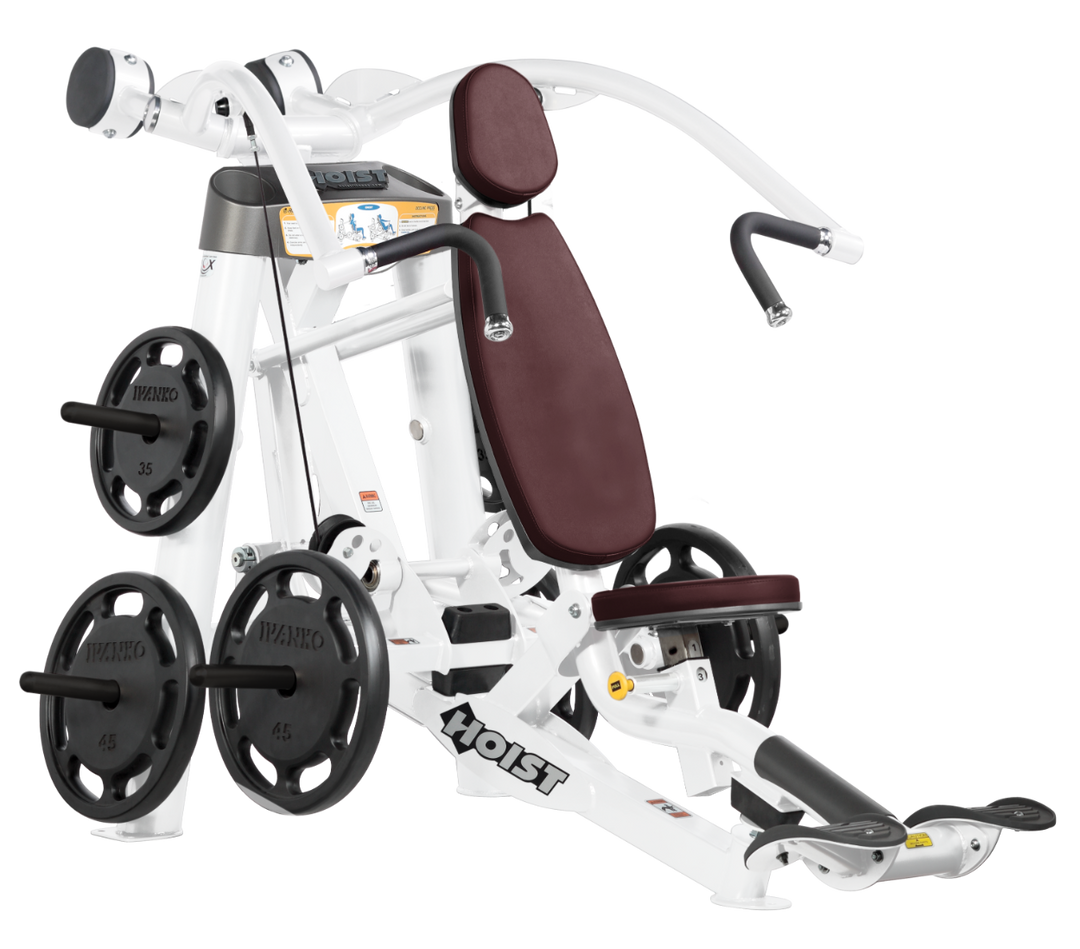 Hoist plate loaded incline chest press machine with angled press arms, adjustable seat, and weight plate storage for upper chest training