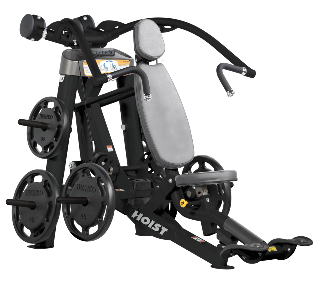 Hoist plate loaded incline chest press machine with angled press arms, adjustable seat, and weight plate storage for upper chest training