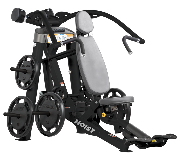 Hoist plate loaded incline chest press machine with angled press arms, adjustable seat, and weight plate storage for upper chest training