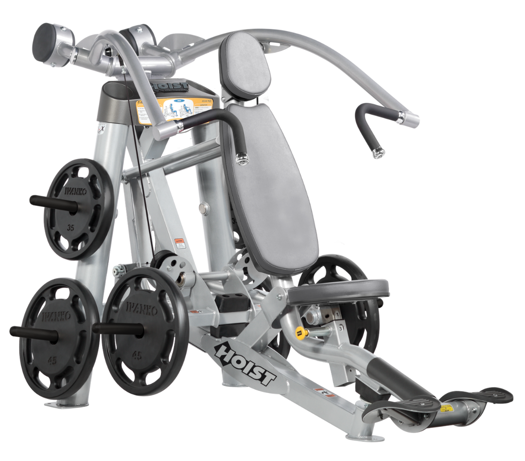 Hoist plate loaded incline chest press machine with angled press arms, adjustable seat, and weight plate storage for upper chest training