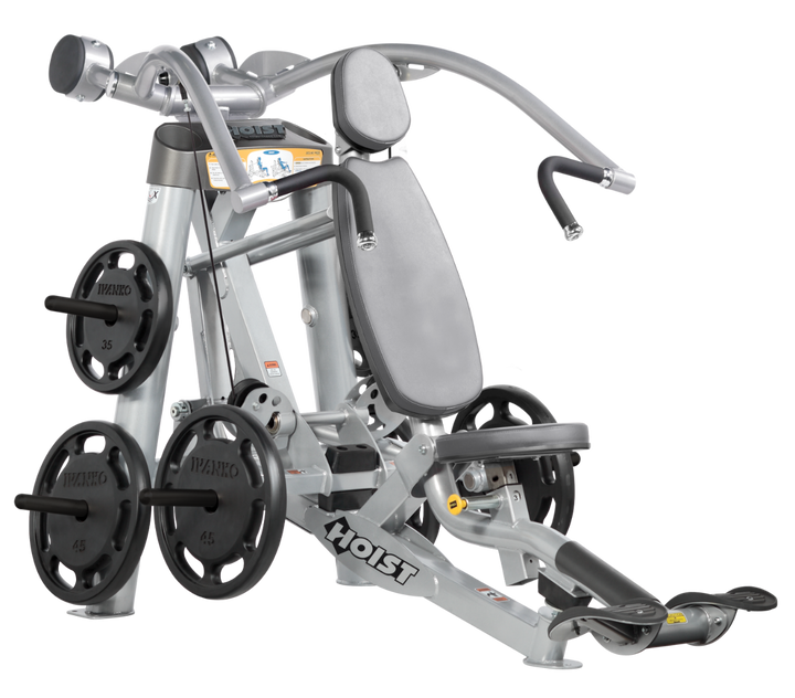 Hoist plate loaded incline chest press machine with angled press arms, adjustable seat, and weight plate storage for upper chest training
