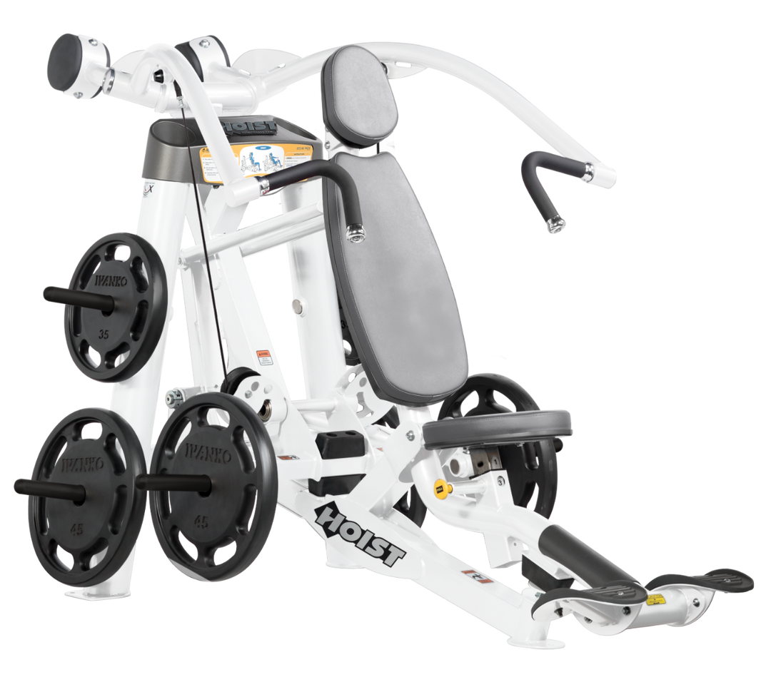 Hoist plate loaded incline chest press machine with angled press arms, adjustable seat, and weight plate storage for upper chest training