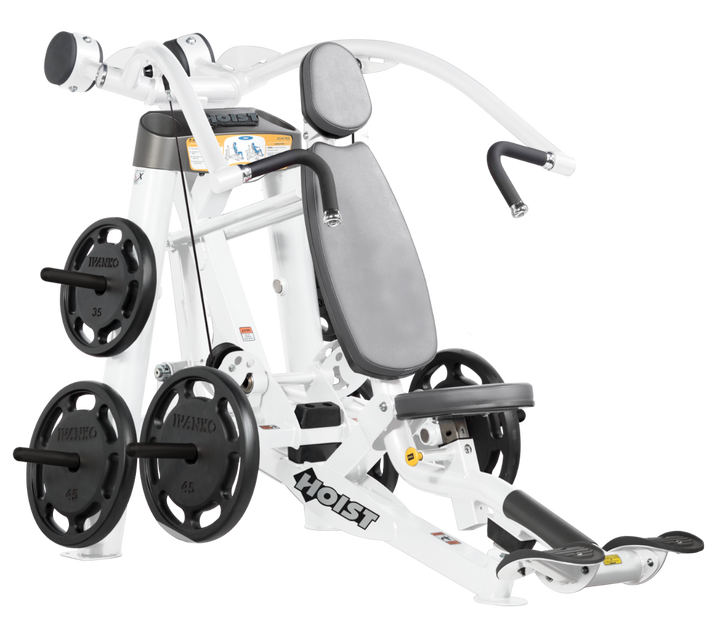 Hoist plate loaded incline chest press machine with angled press arms, adjustable seat, and weight plate storage for upper chest training