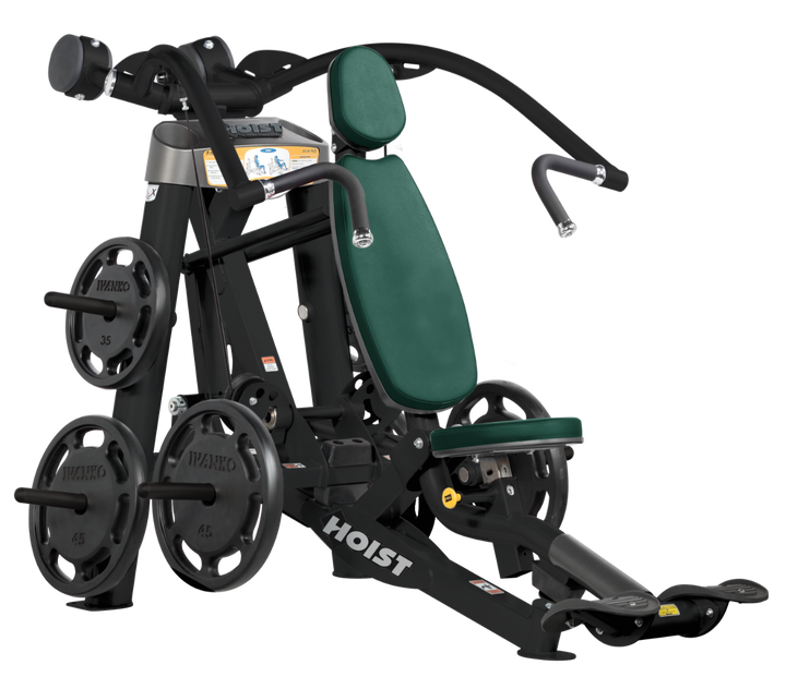 Hoist plate loaded incline chest press machine with angled press arms, adjustable seat, and weight plate storage for upper chest training
