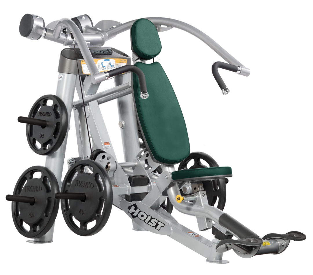 Hoist plate loaded incline chest press machine with angled press arms, adjustable seat, and weight plate storage for upper chest training