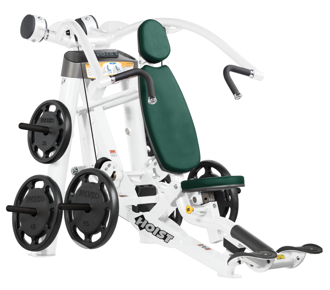 Hoist plate loaded incline chest press machine with angled press arms, adjustable seat, and weight plate storage for upper chest training