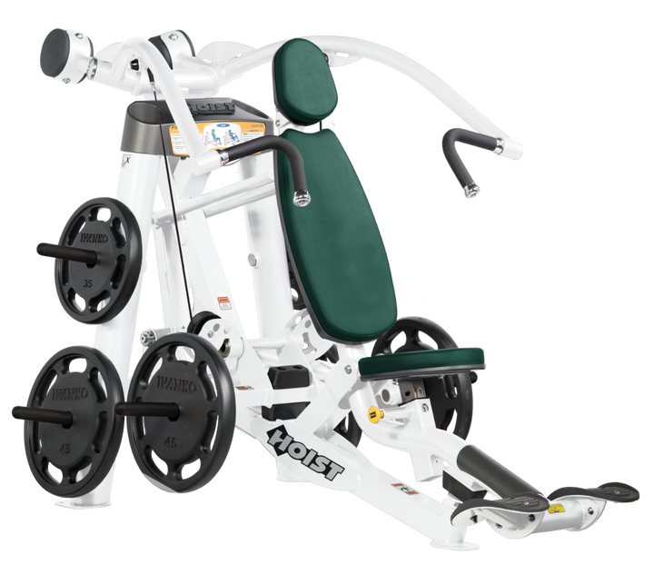 Hoist plate loaded incline chest press machine with angled press arms, adjustable seat, and weight plate storage for upper chest training