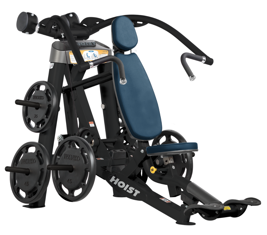 Hoist plate loaded incline chest press machine with angled press arms, adjustable seat, and weight plate storage for upper chest training