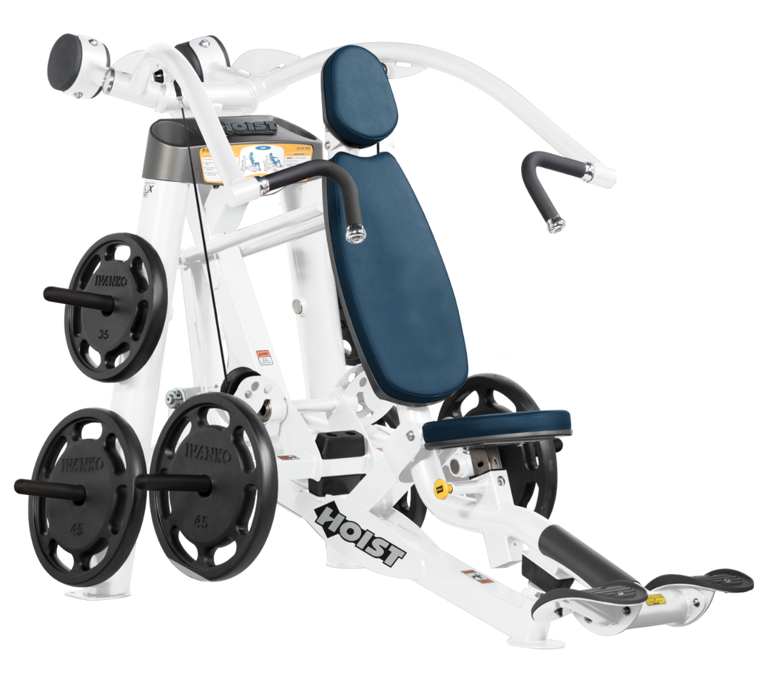 Hoist plate loaded incline chest press machine with angled press arms, adjustable seat, and weight plate storage for upper chest training