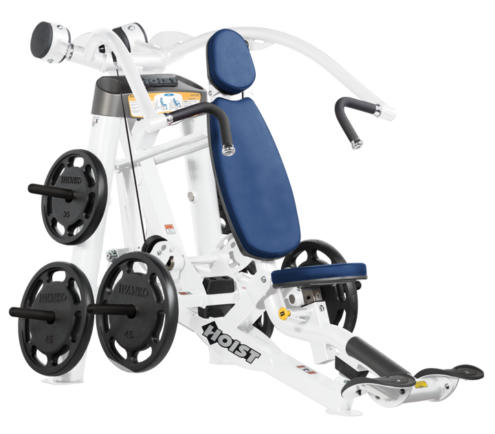 Hoist plate loaded incline chest press machine with angled press arms, adjustable seat, and weight plate storage for upper chest training