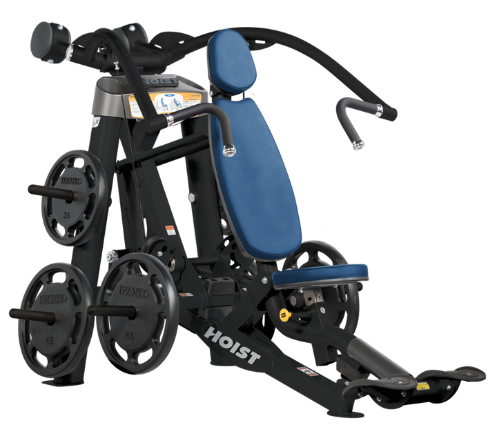 Hoist plate loaded incline chest press machine with angled press arms, adjustable seat, and weight plate storage for upper chest training