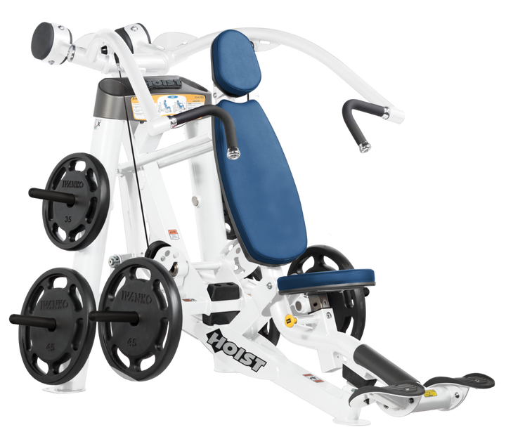 Hoist plate loaded incline chest press machine with angled press arms, adjustable seat, and weight plate storage for upper chest training