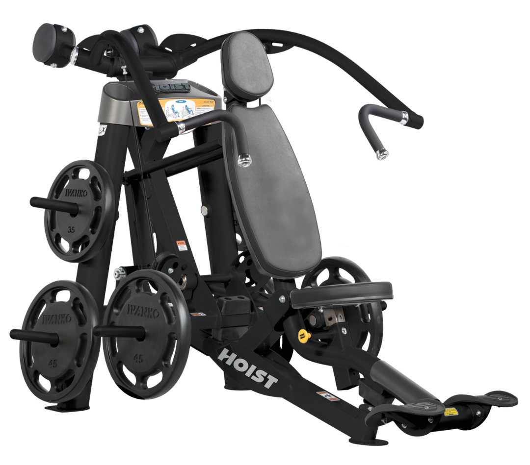 Hoist plate loaded incline chest press machine with angled press arms, adjustable seat, and weight plate storage for upper chest training