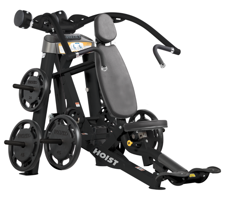 Hoist plate loaded incline chest press machine with angled press arms, adjustable seat, and weight plate storage for upper chest training