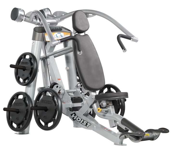 Hoist plate loaded incline chest press machine with angled press arms, adjustable seat, and weight plate storage for upper chest training