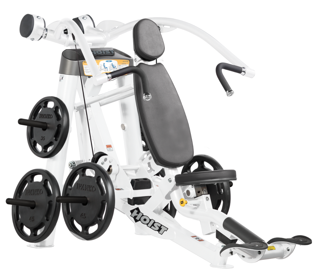 Hoist plate loaded incline chest press machine with angled press arms, adjustable seat, and weight plate storage for upper chest training