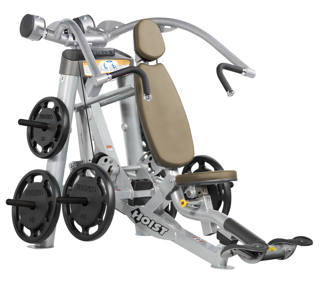 Hoist plate loaded incline chest press machine with angled press arms, adjustable seat, and weight plate storage for upper chest training