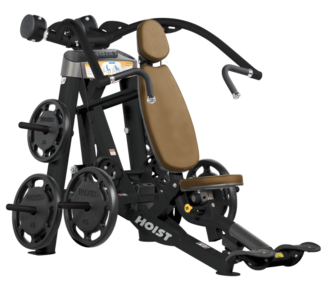 Hoist plate loaded incline chest press machine with angled press arms, adjustable seat, and weight plate storage for upper chest training