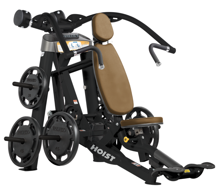Hoist plate loaded incline chest press machine with angled press arms, adjustable seat, and weight plate storage for upper chest training