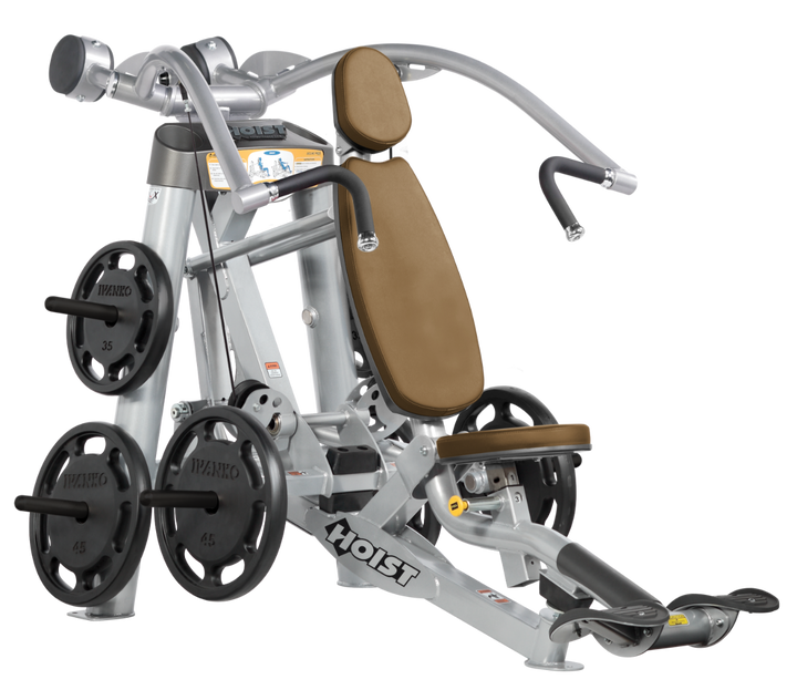 Hoist plate loaded incline chest press machine with angled press arms, adjustable seat, and weight plate storage for upper chest training