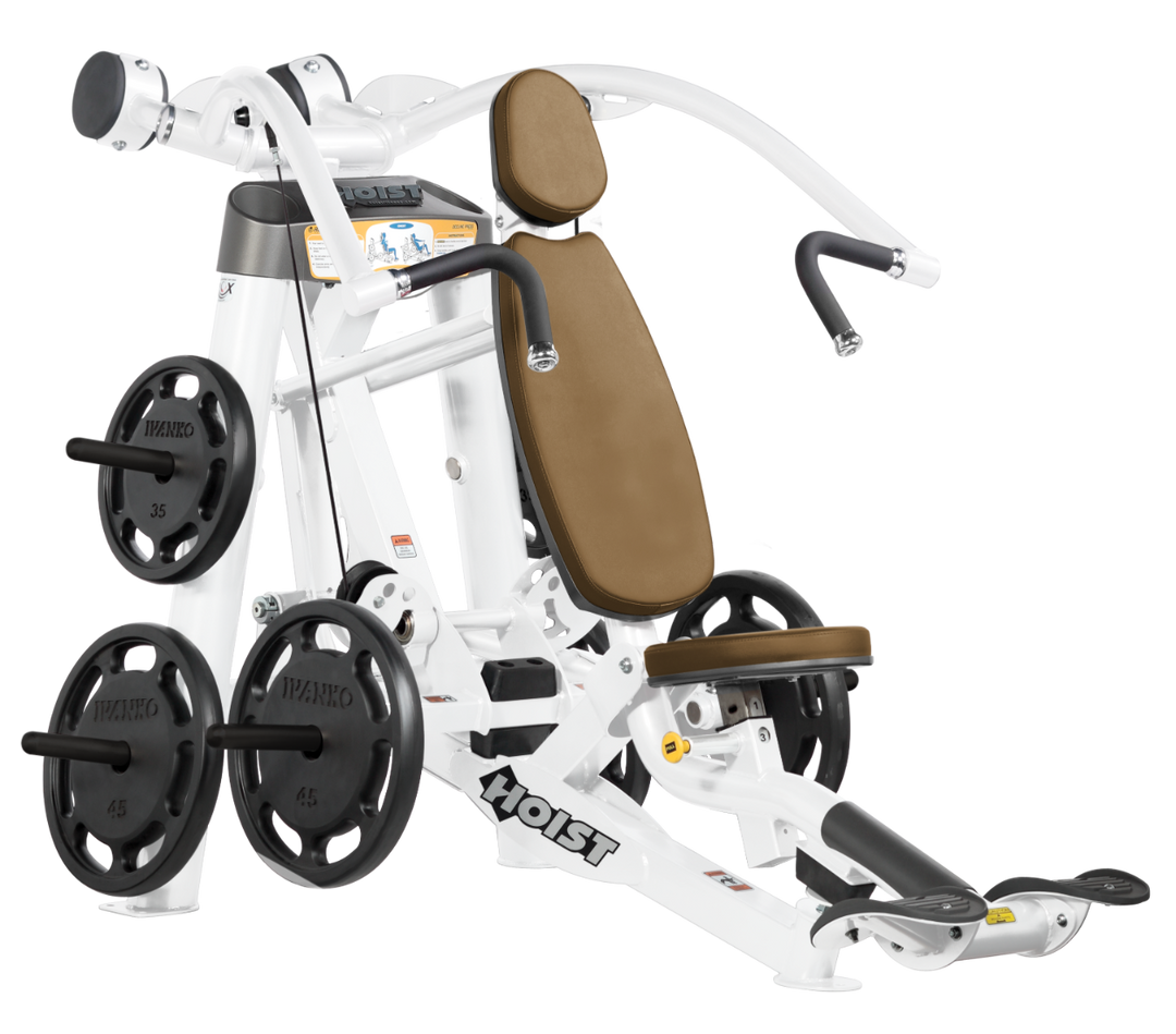 Hoist plate loaded incline chest press machine with angled press arms, adjustable seat, and weight plate storage for upper chest training