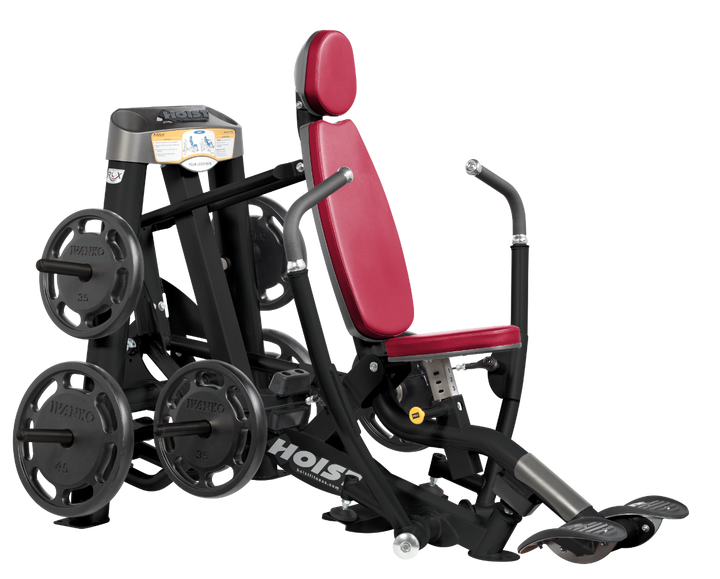 Hoist plate loaded decline chest press machine with angled press arms, adjustable seat, and weight plate storage for lower chest training